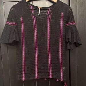 Free People Black Blouse with Pink Stripes